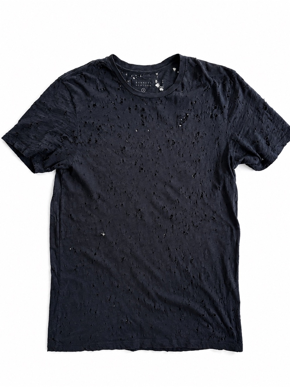 Barneys New York Men’s Distressed Destroyed T-Shirt Black Pima Cotton Size S